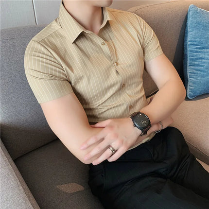 High Quality Ice Silk Traceless Striped Shirt Men's Summer Short Sleeve Slim Casual Business Shirts Tuxedo Men Clothing 4XL-M