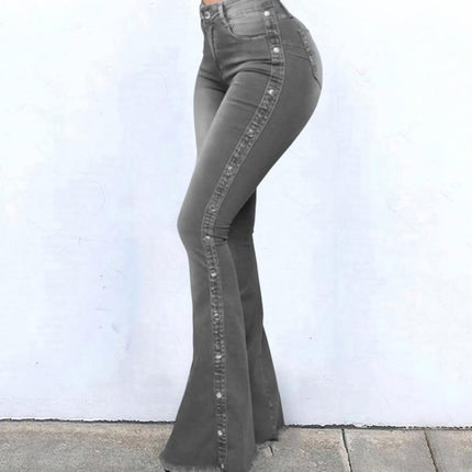 Women Wide Leg Flare Denim Trousers Sexy Jeans Trousers Washed Flare Jeans Breathable Stretchy Rivet Decor Denim Flare Jeans