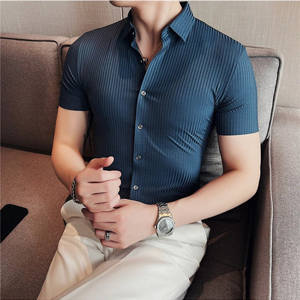 2024 Summer High Elasticity Seamless Short Sleeve Shirts Fashion Stripes Men Business Formal Wear Slim Fit Casual Dress Shirt