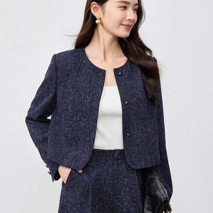 SENTUBILA Spring Women's Jackets 2025 Straight Cropped Office Lady Crewneck Long Sleeve Single Breasted Formal Coat 151W58771
