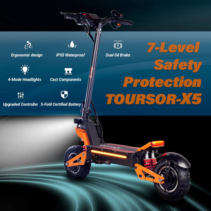 TOURSOR X5 Adult Electric Scooter 2500W*2 Dual Motor Electric Scooter 52V 26AH 11-inch Road Tires City Electric Scooter