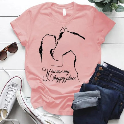 Summer Funny Horse And Girl You Are My Happy Place Print T-shirts Ladies Short Sleeve Tee Shirts Women O-Neck Oversized TShirt