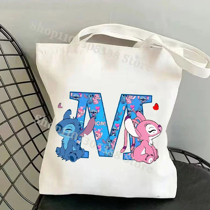 Disney Stitch Fashion Canvas Tote Bag for Women Anime Letter A-Z Printed Shoulder Bag Students Commute Portable Handbags Gifts