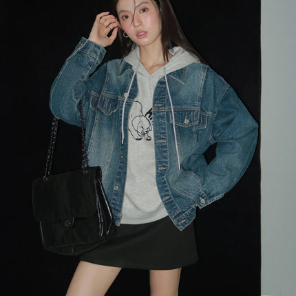 Women Retro Washed Denim Jacket Spring 2025 Oversized Drop Shoulder Loose Fit Casual Fashionable Lapel Collar Chic Jean Coat
