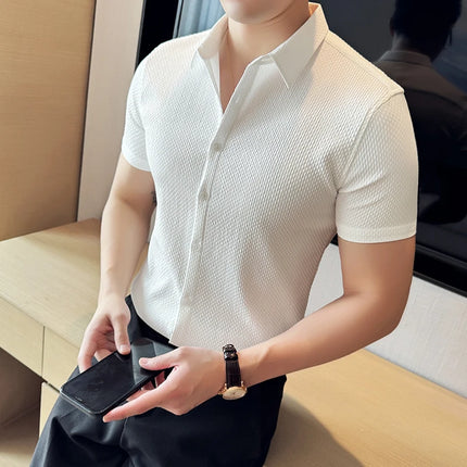 2024 Summer Waffle Shirt Luxury Men's Slim Fit Casual Short Sleeved Business Versatile Dress Shirt Men Clothing Plus Size 4XL-M