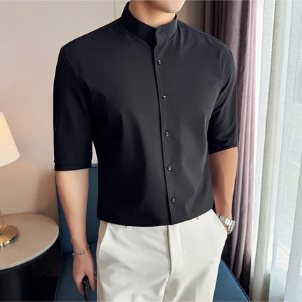 High Quality Chinese Style Stand Up Neck Shirt Men's Summer Mid Sleeved Slim Fit Casual Social Business Blouse Homme 4XL-M