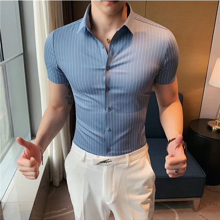 High Quality Ice Silk Traceless Striped Shirt Men's Summer Short Sleeve Slim Casual Business Shirts Tuxedo Men Clothing 4XL-M