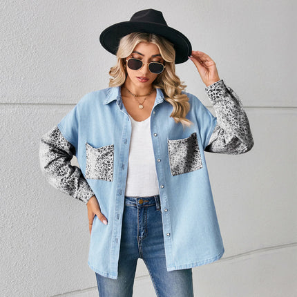 Washed Denim Jacket For Women Blouse Tops Long Sleeve Leopard Print Lady Shirt Casual Pocket Spring Women's Jean Cardigans