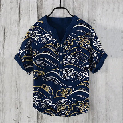 New style simple flower V-neck short-sleeved shirt foreign trade fashion casual loose T-shirt shirt bamboo linen shirt top