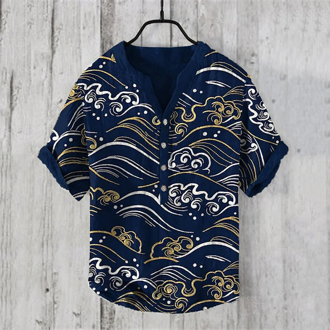 New style simple flower V-neck short-sleeved shirt foreign trade fashion casual loose T-shirt shirt bamboo linen shirt top