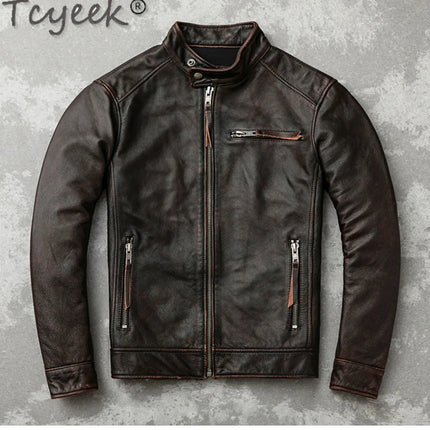 Tcyeek Genuine Leather Jacket for Men Top Layer Cowhide Coats Spring Autumn Vintage Leather Coat Mens Jackets Jaqueta Masculina
