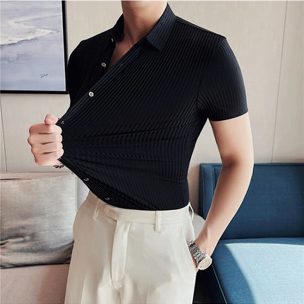 2024 Summer High Elasticity Seamless Short Sleeve Shirts Fashion Stripes Men Business Formal Wear Slim Fit Casual Dress Shirt