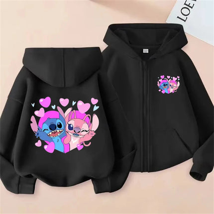 New Stitch Zipper Hoodies Girls Pink Sweatshirt Autumn Winter Long Sleeve Harajuku Pullovers Disney Stich Casual Hooded Tops
