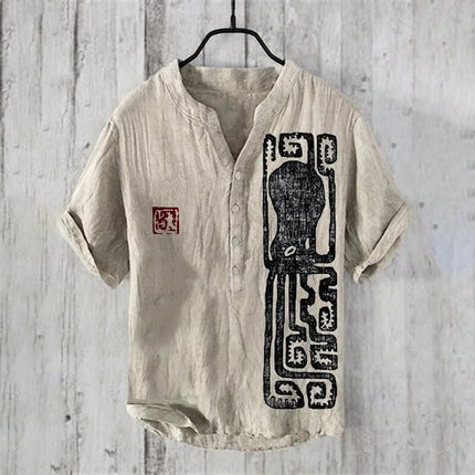 Men's Summer V-neck Henley Short Sleeve Shirt Men's Casual Shirt Moon View Moonlight 3D Printed Short Sleeve Linen T-Shirt Top
