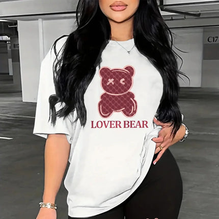 Summer Women's Cotton T-Shirt Bear Picture Print Casual Short Sleeved T Shirt Fashion Hip Hop Harajuku Tshirts Ladies Oversized