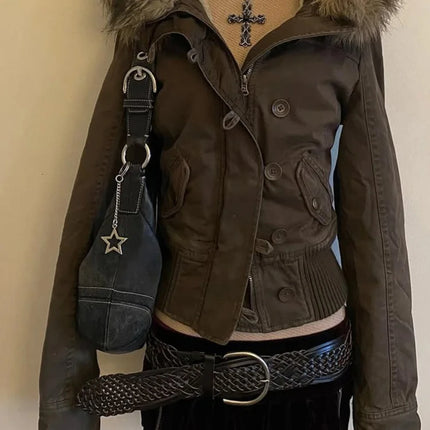 Essential brown fur collar hooded short jacket in Europe and America in autumn and winter Y2K fashionable versatile super warm