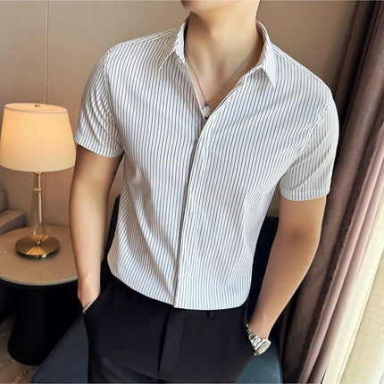 2024 Summer Fashion Vertical Striped Shirts Luxury Men's Hidden Button Short Sleeved Slim Fit Casual Business Shirt Men Clothing