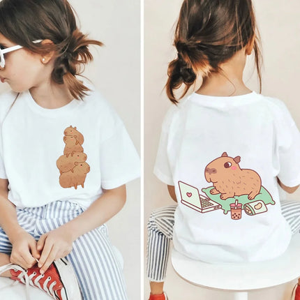 Kawaii Capybara Lovers Kids T-Shirt Short-Sleeved White T-Shirts Cartoon Tees Summer Children Top Crew Neck Children's Clothing