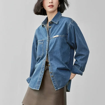 SENTUBILA 100% Cotton Washed Denim Jacket for Women 2025 Spring Retro Loose Patchwork Pockets Leather Logo Coat W43C56148