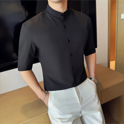 High Quality Chinese Style Stand Up Neck Shirt Men's Summer Mid Sleeved Slim Fit Casual Social Business Blouse Homme 4XL-M