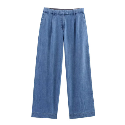 TRAFZA Vintage Casual Chic Women Cowboy Suit Single Breasted Loose Jackets Long Pants Fashion 2025 Spring Summer Denim Suits