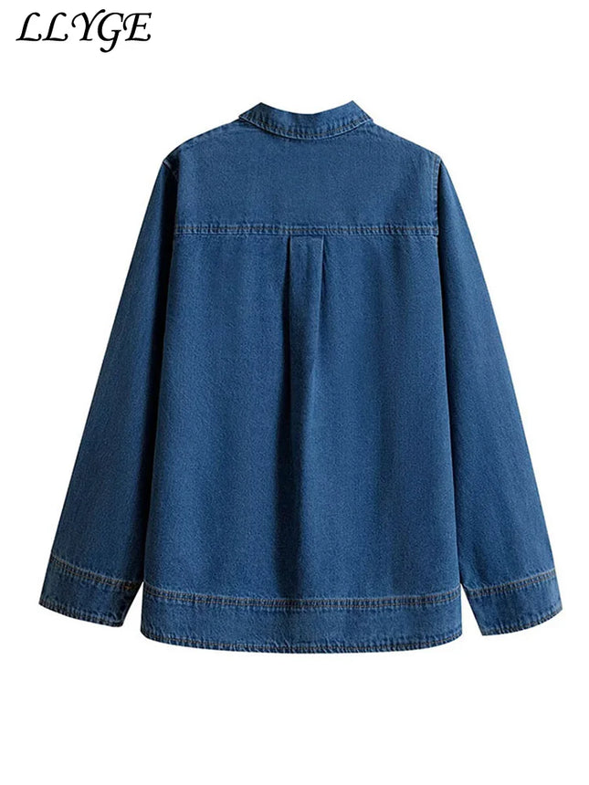 Casual Women's Polo Collar Denim Jacket Loose Long Sleeve Zipper Female Pullovers 2025 Spring Lady Fashion All-match Outwear