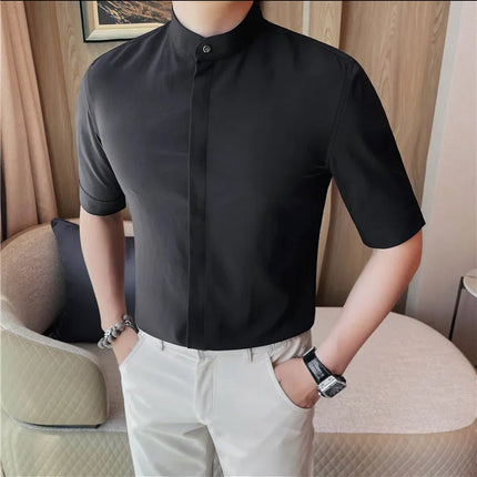 Summer New Standing Collar Half Sleeve Shirts For Men Invisible Button Up Design Slim Casual Business Social Shirt Club Outfits