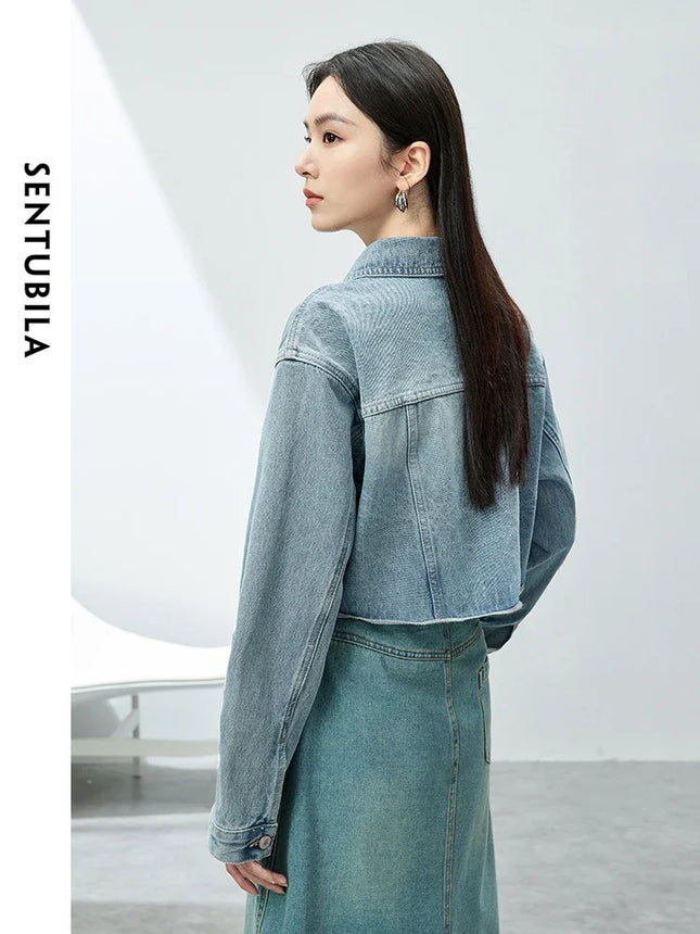 SENTUBILA 100% Cotton Washed Denim Jackets for Women 2025 Spring Casual Loose Turn Down Collar Fashion Short Jacket W41W54341