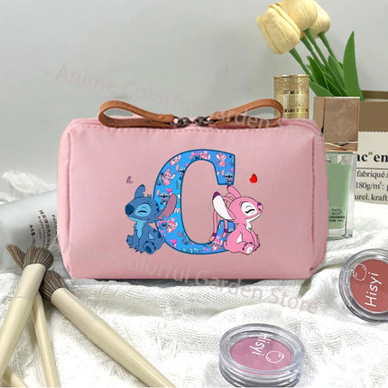 Disney Stitch Fashion Makeup Pouch for Women Cartoon Letter A-Z Printed Cosmetic Bag Students Portable Washing Bags Girls Gifts