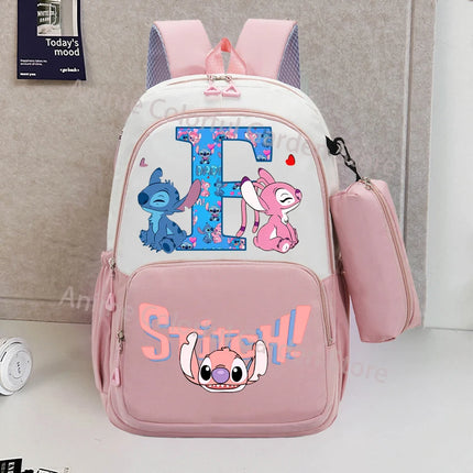 Disney Stitch Backpack with Pencil Bag for Students Anime High-capacity Schoolbag Boys Girls Letter A-Z Printed Backpacks Gifts