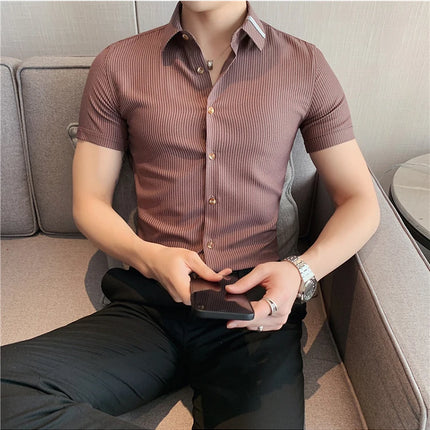 Summer High Quality Striped Ribbon Short Sleeve Shirt Men's Slim Fit Business Formal Wear Blouse Streetwear Plus Size 4XL-M