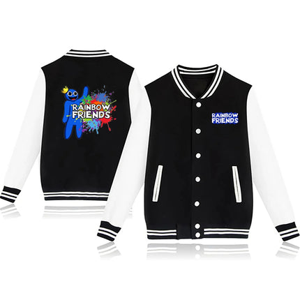 Rainbow Friends Printed Fleece Baseball Jacket European Size round Neck Loose Fit Women's Jacket Rainbow Colorful Outerwear