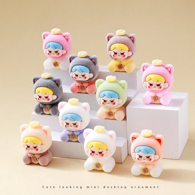 Blind box 10pcs Cat Boy Labubu Lovely Anime Flocked Action Figure Decorative Pendant Desktop Kawaii Dolls Car Ornaments Toy Gift