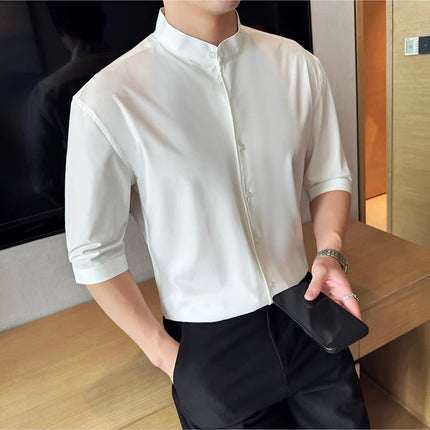 High Quality Chinese Style Stand Up Neck Shirt Men's Summer Mid Sleeved Slim Fit Casual Social Business Blouse Homme 4XL-M