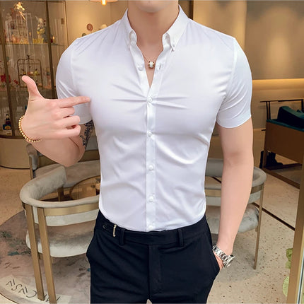 Neckline Embroidery Shirts Men Summer Short Sleeve Slim Fit Casual Shirt Men Solid Color Business Party Dress Shirt Streetwear