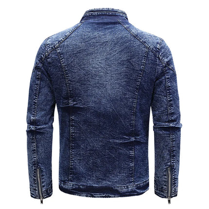 New Motorcycle Denim Jacket Men Retro Zippers Stand Collar Denim Coats Mens Cotton Slim Fit Denim Jacket Moto Biker Outerwear
