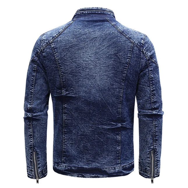 New Motorcycle Denim Jacket Men Retro Zippers Stand Collar Denim Coats Mens Cotton Slim Fit Denim Jacket Moto Biker Outerwear