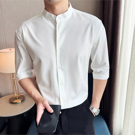 High Quality Chinese Style Stand Up Neck Shirt Men's Summer Mid Sleeved Slim Fit Casual Social Business Blouse Homme 4XL-M