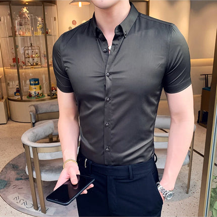 Neckline Embroidery Shirts Men Summer Short Sleeve Slim Fit Casual Shirt Men Solid Color Business Party Dress Shirt Streetwear