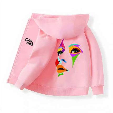 Hip Fashion Hop Trend Street Art Print Hoodies Coat Children Zipper style Sweatshirt Girls Boys Age 3-12 Kids black Pink