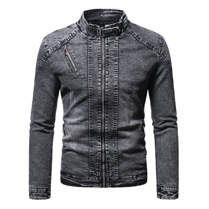 Blue Standing Collar Denim Jacket Men's, Fashion Casual Jacket, Black Gray Overcoat Male Outerwear M L XL XXL XXXL