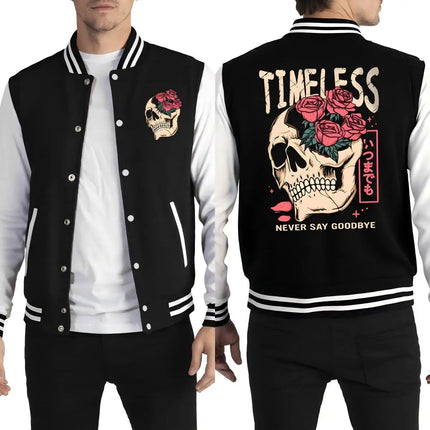 Timeless Never Say Goodbye Flower Skull Printing Men Baseball Uniform Autumn Fashion Clothes Fleece Loose Jacket Hip Hop Jackets