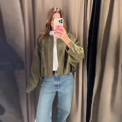 Vintage Women's Short Jacket Pockets Zipper Full Sleeve Khaki Green Thick Coats 2025 Spring Autumn Lady Loose Street Outwear