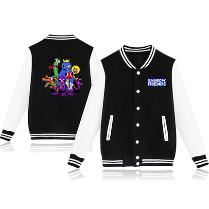 Rainbow Friends Printed Fleece Baseball Jacket European Size round Neck Loose Fit Women's Jacket Rainbow Colorful Outerwear