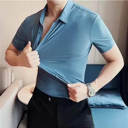 6 Colors Summer Ice Silk No Trace High Elasticity Shirt Men High Quality Short Sleeve Slim Fit Casual Business Dress Shirt 4XL-M