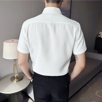 2023 Summer Waffle Short Sleeved Shirt Men Fashion Casual Solid Color Lapel Loose Shirt Male Korean Social Business Dress Blouse