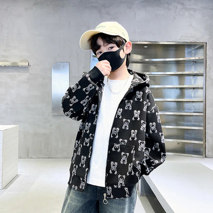 Spring Autumn Boys All-Over Printed Zip Sweatshirt Jackets School Kids Track Hoodie Coat Child Outfit Tops Workout Jumper 3-14Yr
