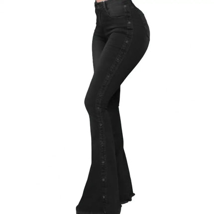 Women Wide Leg Flare Denim Trousers Sexy Jeans Trousers Washed Flare Jeans Breathable Stretchy Rivet Decor Denim Flare Jeans