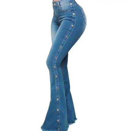 Women Wide Leg Flare Denim Trousers Sexy Jeans Trousers Washed Flare Jeans Breathable Stretchy Rivet Decor Denim Flare Jeans