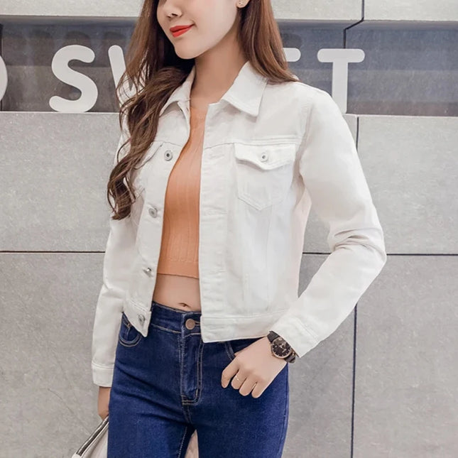 New Long Sleeve Winter Slim White Black Jeans Jacket for Women Solid Denim Woman Tops Short Coat Ladies Jackets Outerwear  4866